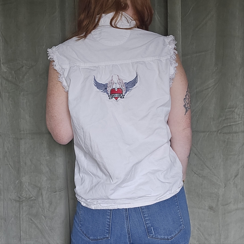 Y2k Bikercore Motoboho Alt Bad Girl White Wings, Heart Cut Off Button Down Top